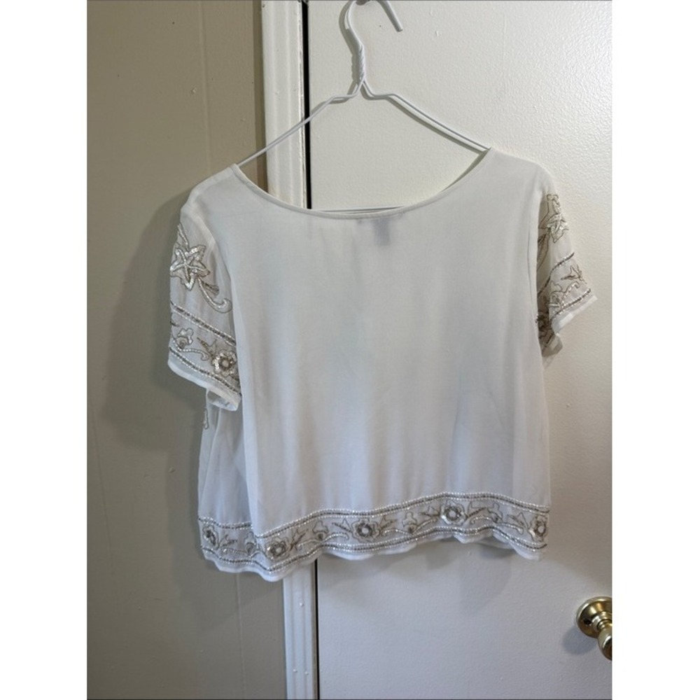 Beaded Sequin Embellished Cropped Top Ivory Floral Boho Large Statement Event - Picture 7 of 13